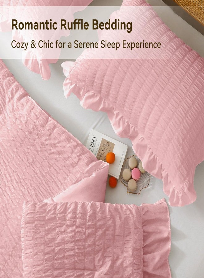 جولي فوغ طقم لحاف جولي فوغ الوردي المزدوج، قطعتان من قماش السيرسيكر الخفيف والمنفوش، لحاف مزدوج بكشكشة، طقم سرير أنيق من الألياف الدقيقة الناعمة مناسب لجميع الفصول - Image 4