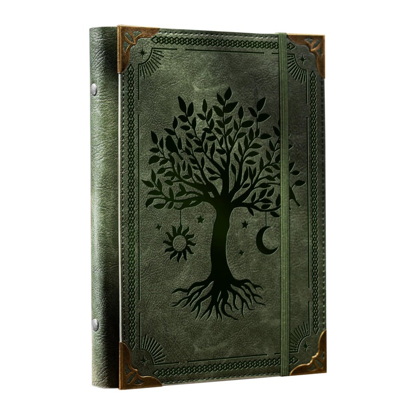 Ovesmusl PU Leather A5 Binder 6 Ring Refillable Journal Cover No Refill Paper A5 Planner Binder Loose Leaf Binder for Notebook 5.7â€x8.3â€ with Elastic Closure, Green Tree - Image 1