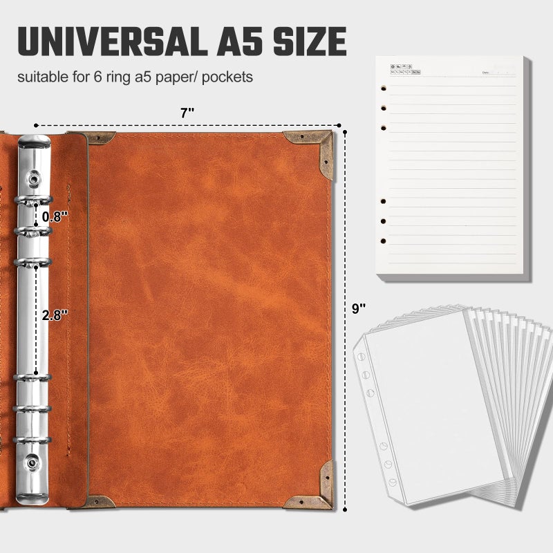 Ovesmusl PU Leather A5 Binder 6 Ring Refillable Journal Cover No Refill Paper A5 Planner Binder Loose Leaf Binder for Notebook 5.7â€x8.3â€ with Elastic Closure, Green Tree - Image 3