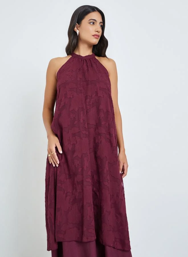 Styli Maroon Burnout Layered A-Line Maxi Dress with Halter Neck