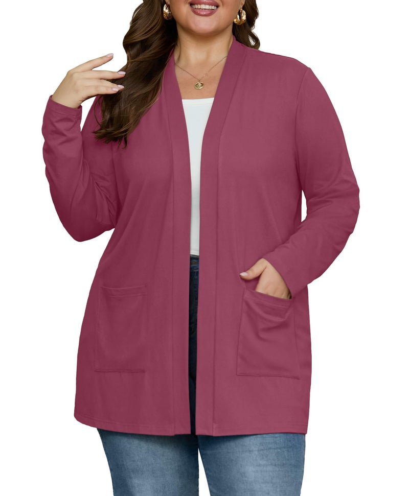 OLRIK Plus Size Cardigan for Women with Pockets Long Sleeve Lightweight Jacket Open Front Cover Ups Purple Red-3X - Image 1