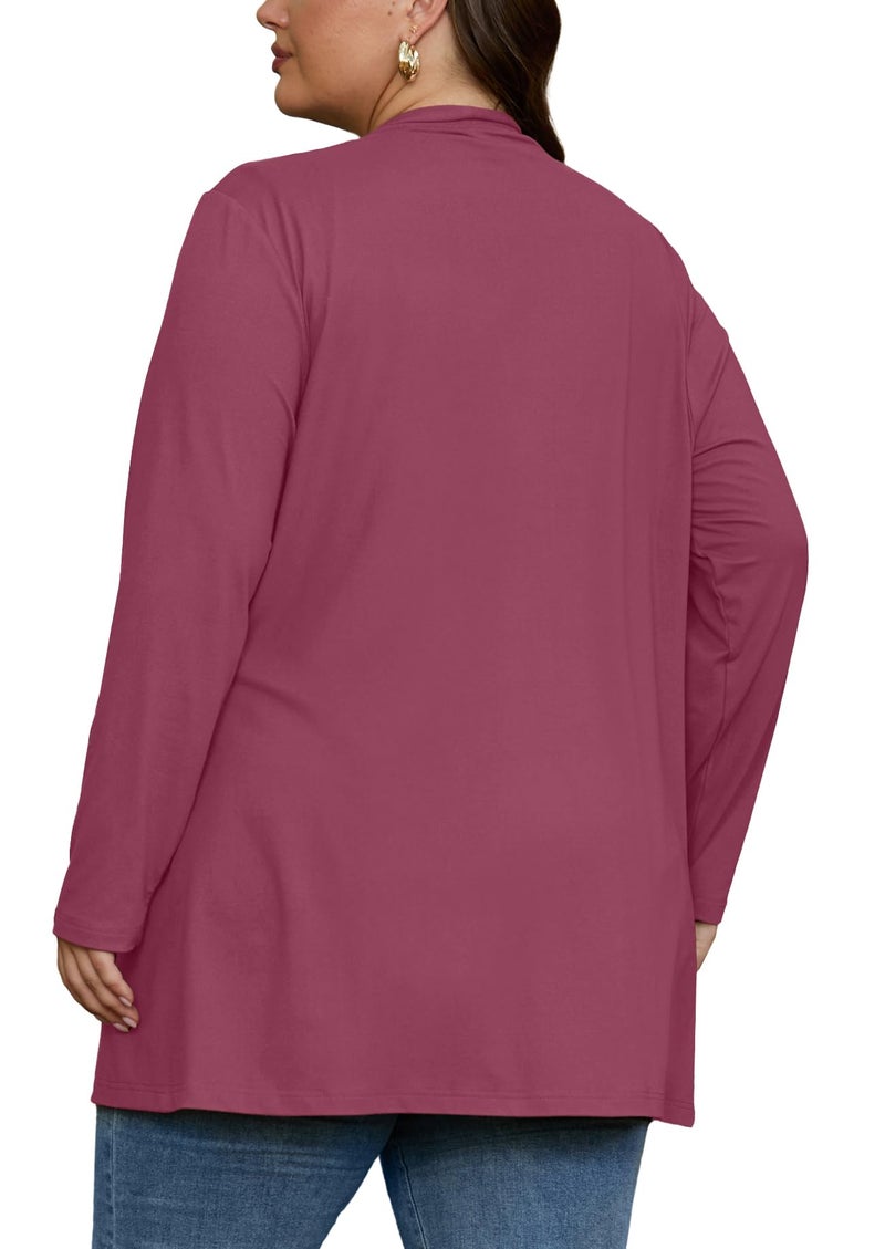 OLRIK Plus Size Cardigan for Women with Pockets Long Sleeve Lightweight Jacket Open Front Cover Ups Purple Red-3X - Image 4