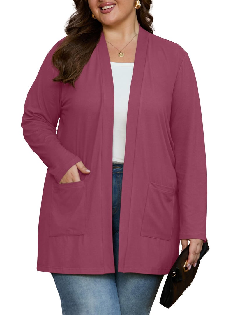 OLRIK Plus Size Cardigan for Women with Pockets Long Sleeve Lightweight Jacket Open Front Cover Ups Purple Red-3X - Image 2