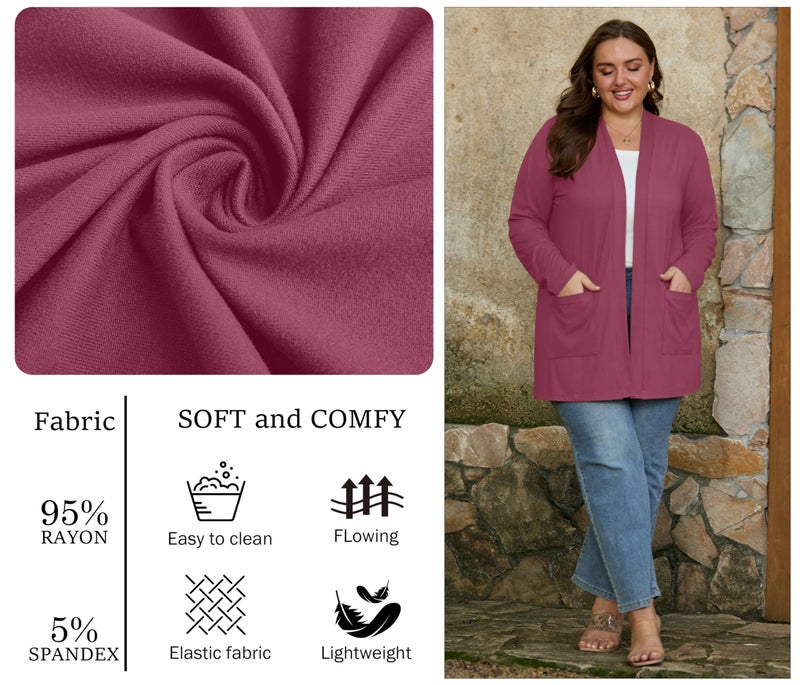 OLRIK Plus Size Cardigan for Women with Pockets Long Sleeve Lightweight Jacket Open Front Cover Ups Purple Red-3X - Image 3