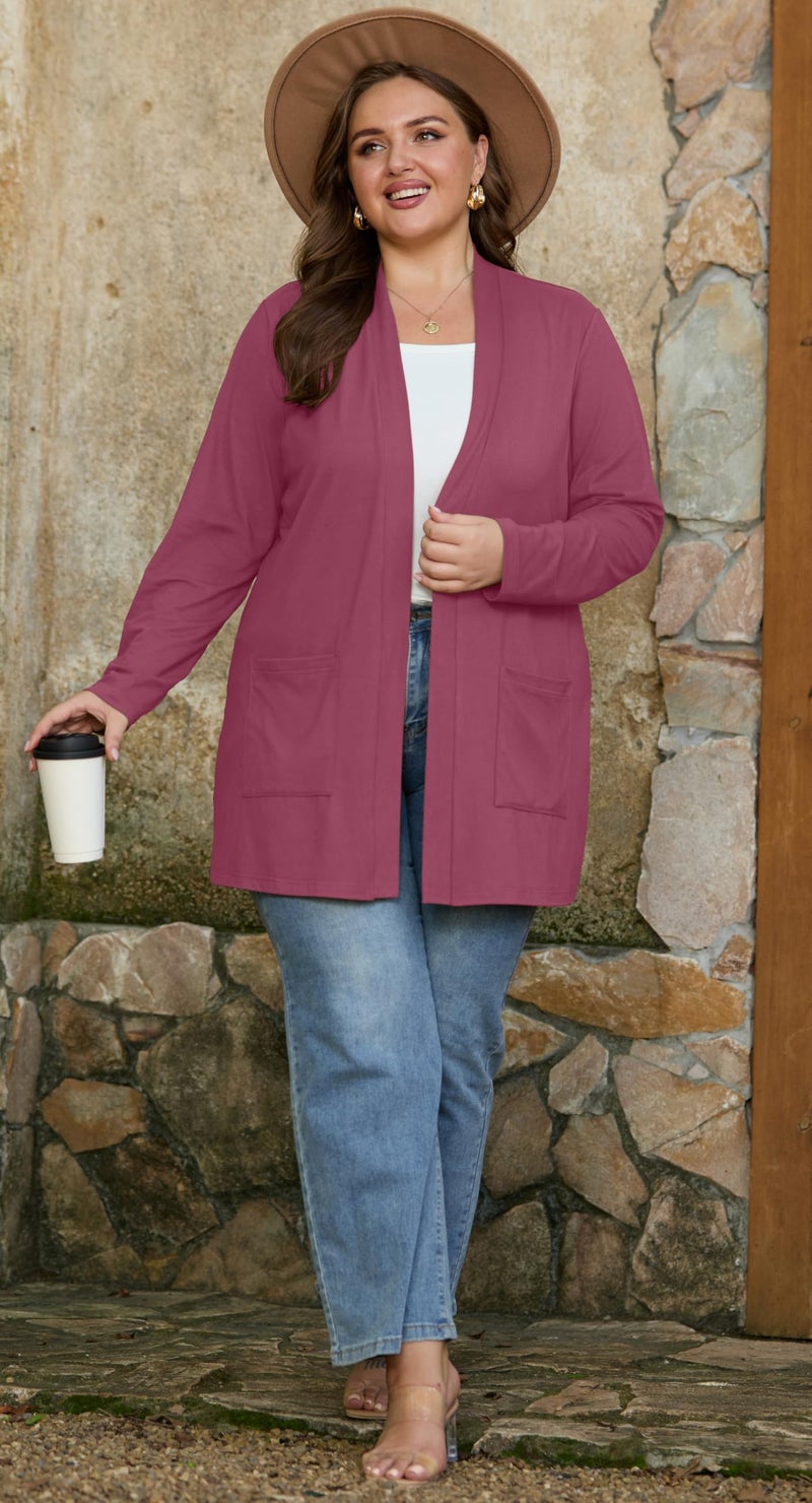 OLRIK Plus Size Cardigan for Women with Pockets Long Sleeve Lightweight Jacket Open Front Cover Ups Purple Red-3X - Image 5