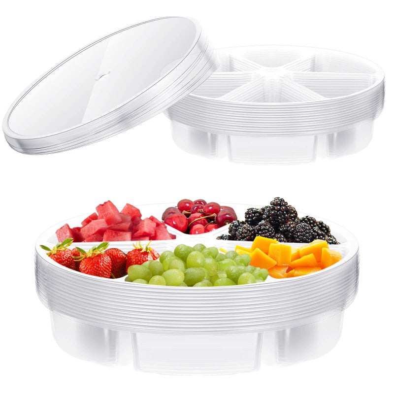 Baderke Baderke 10 Pack 10 Inches Round Plastic Serving Tray 6 Sectional Plastic Appetizer Tray with Lid Clear Food Platters Round Platter Container Veggie Fruit Organizer for Party and Buffet Clear 
