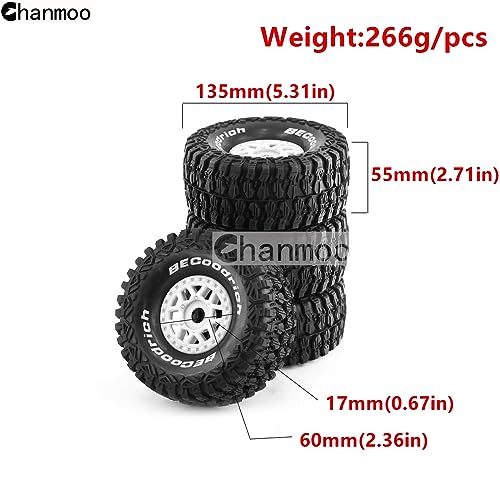 Chanmoo 1/7 1/8 RC Short Course Truck Buggy Tires and Wheels 17mm Hex OD 135mm Off Road Tyres for 1:7 1:8 Scale RC Off-Road Truck Car HSP TRAXXAS UDR 85086-4 ARRMA Mojave YK4072 DF7 4PCS (White) - Image 2