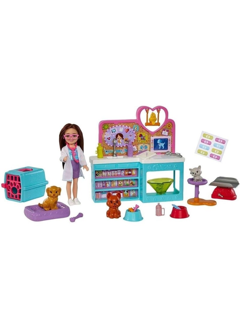 Barbie Doll Chelsea Pet Vet Playset with Doll, 4 Animals and 18 Pieces - Image 1