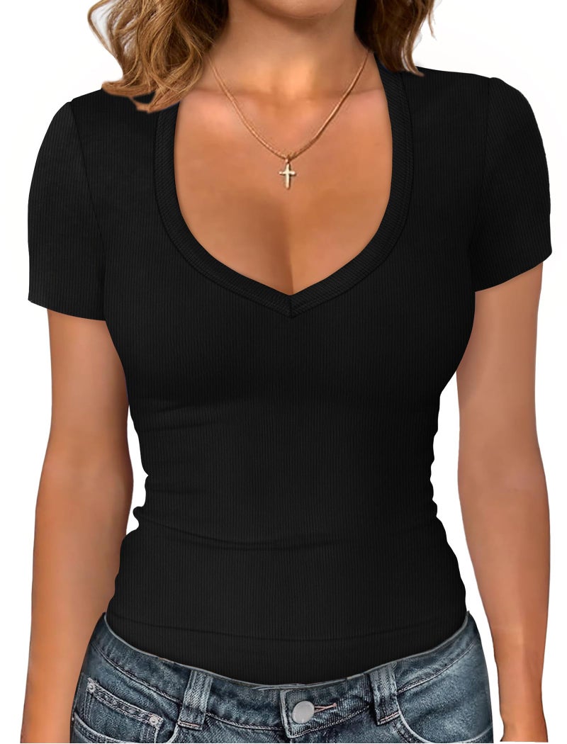 Sampeel Short Sleeve Shirts for Women V Neck Trendy Tshirts Slim Fit Fashion Clothing Going Out Summer Tops 2026 Trendy Basic Tees Y2k Black T Shirts M - Image 1