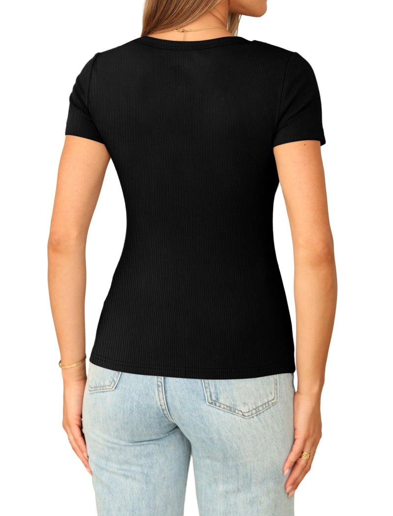 Sampeel Short Sleeve Shirts for Women V Neck Trendy Tshirts Slim Fit Fashion Clothing Going Out Summer Tops 2026 Trendy Basic Tees Y2k Black T Shirts M - Image 4