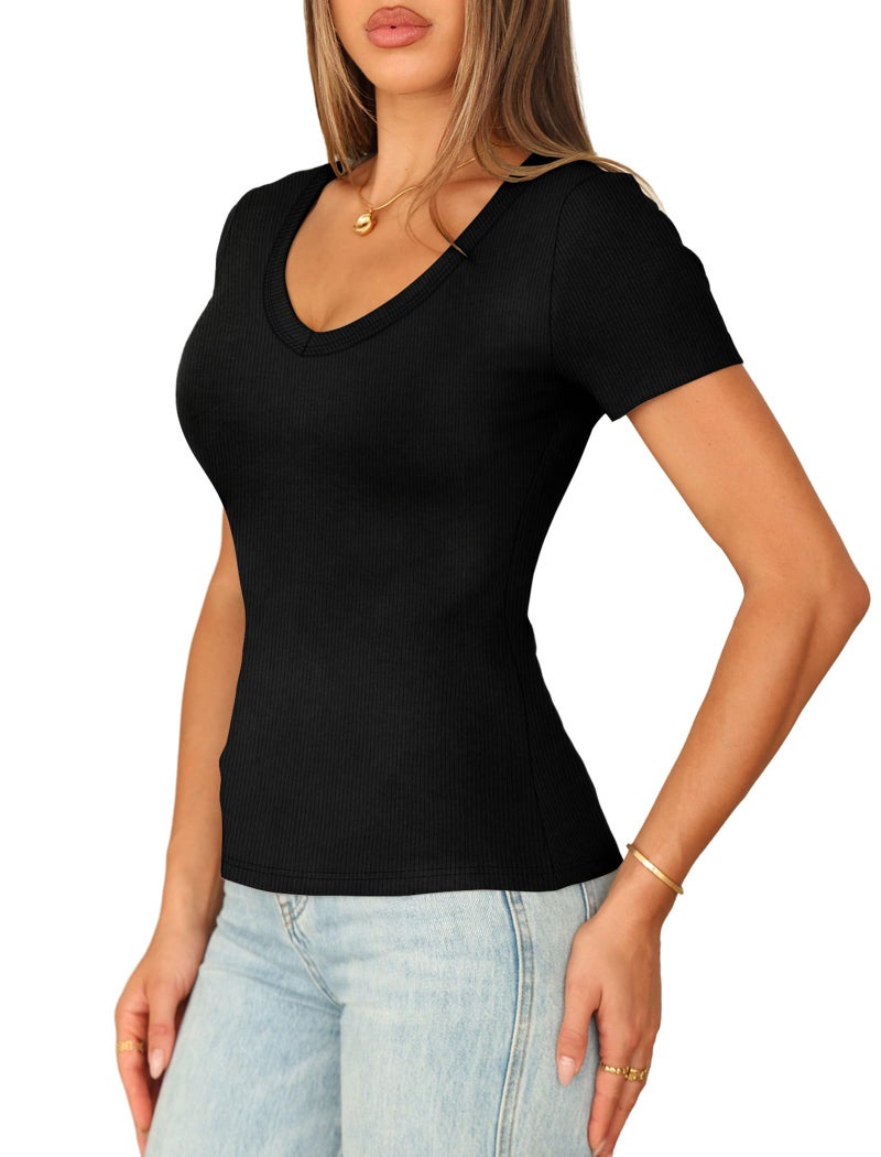 Sampeel Short Sleeve Shirts for Women V Neck Trendy Tshirts Slim Fit Fashion Clothing Going Out Summer Tops 2026 Trendy Basic Tees Y2k Black T Shirts M - Image 3