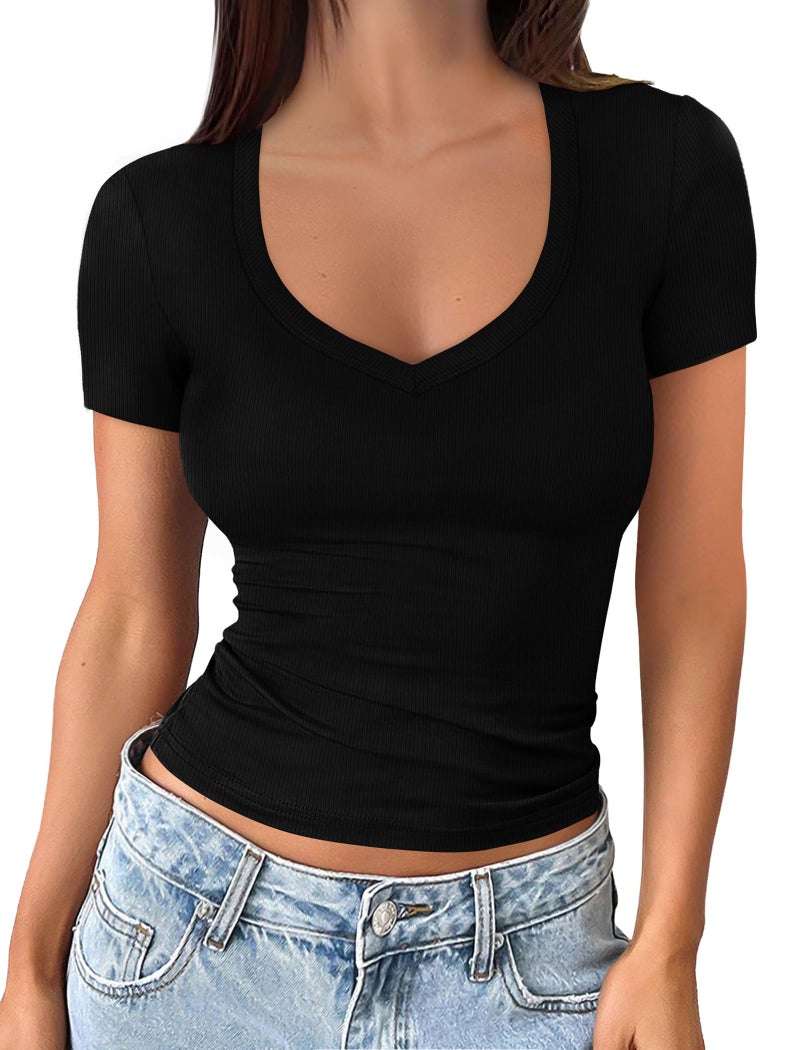 Sampeel Short Sleeve Shirts for Women V Neck Trendy Tshirts Slim Fit Fashion Clothing Going Out Summer Tops 2026 Trendy Basic Tees Y2k Black T Shirts M - Image 2