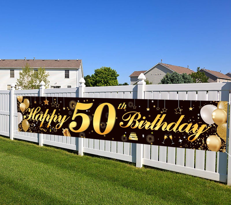 Happy 50th Birthday BannerBirthday Party Sign Backdrop Banner For Men Women Cheer to 50 YearsDurable BlackGold Glitter Birthday Sign Yard Sign For 50th Birthday Party Decoration Supplies50 Black