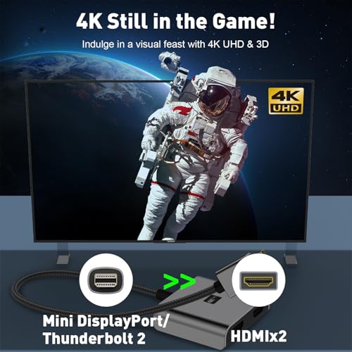 UANTIN Mini DisplayPort to Dual HDMI Adapter | 4K 60Hz High-Speed Thunderbolt 2 (DP) Male to 2 HDMI Female Splitter Extended Display Adapter, Compatible for MacBook Air/Pro, Mac mini, Surface Pro/Dock - Image 2