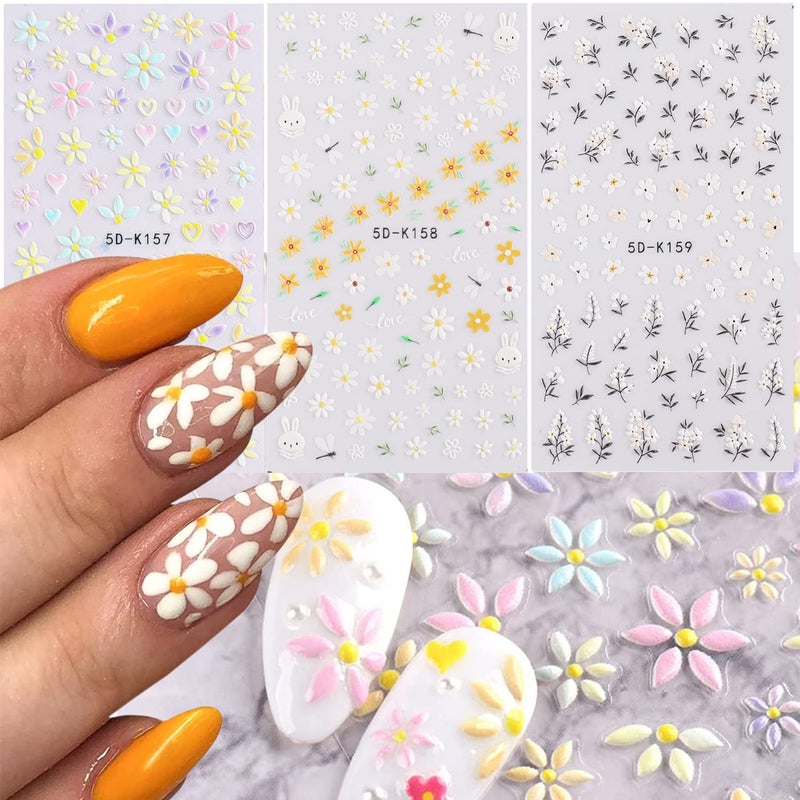 Daisy Flower Nail Art Stickers Holographic 5D Embossed Flowers Nail SelfAdhesive Sticker Design White Floral Leaf Engraved Nail Art Decals for Women Manicure Decorations Blossom Transfer Decal
