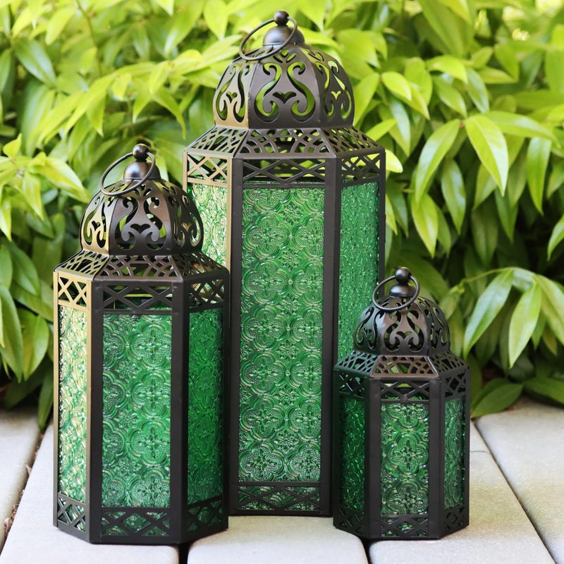 VELA LANTERNS Moroccan Candle Lantern Decorative Set of 3 for Floor Ramadan Decorations Indoor Home Decor Outdoor Patio or Porch Halloween Weddings Green