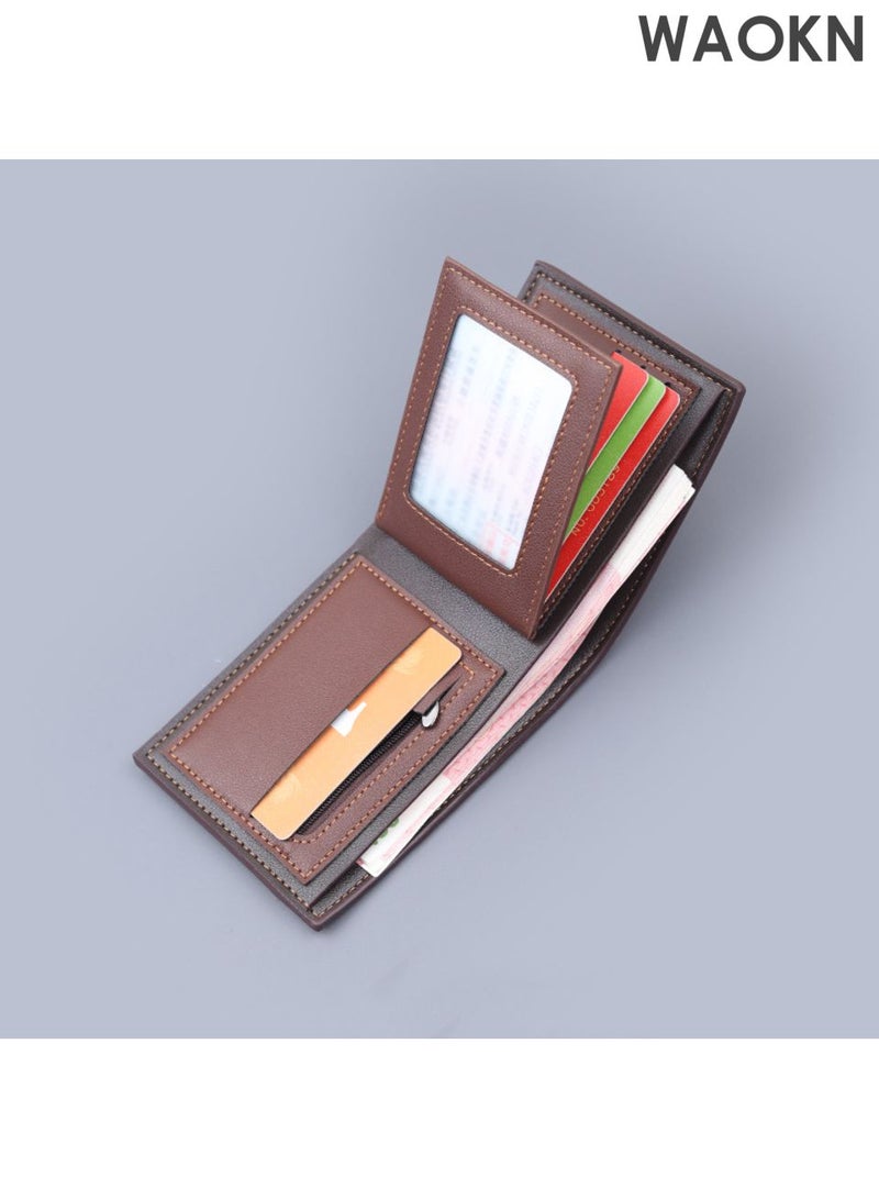 WAOKN Men's wallet short splicing wallet, with zipper and three fold men's wallet, multi card men's wallet, large capacity portable wallet, horizontal color blocked wallet, designed simple and fashionable retro wallet. - Image 3