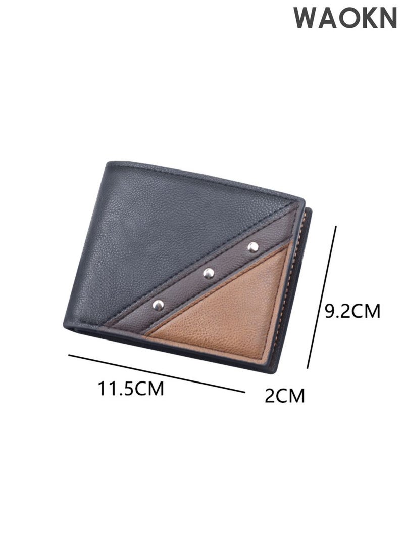 WAOKN Men's wallet short splicing wallet, with zipper and three fold men's wallet, multi card men's wallet, large capacity portable wallet, horizontal color blocked wallet, designed simple and fashionable retro wallet. - Image 4