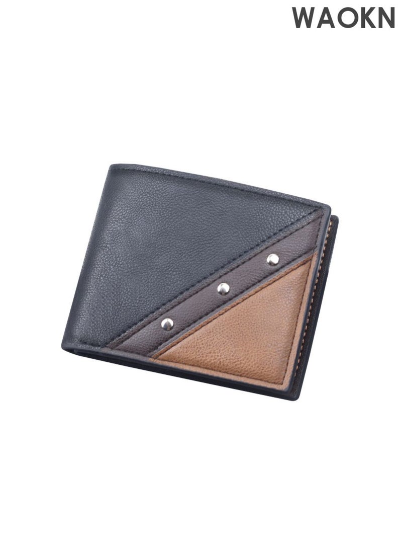 WAOKN Men's wallet short splicing wallet, with zipper and three fold men's wallet, multi card men's wallet, large capacity portable wallet, horizontal color blocked wallet, designed simple and fashionable retro wallet. - Image 1
