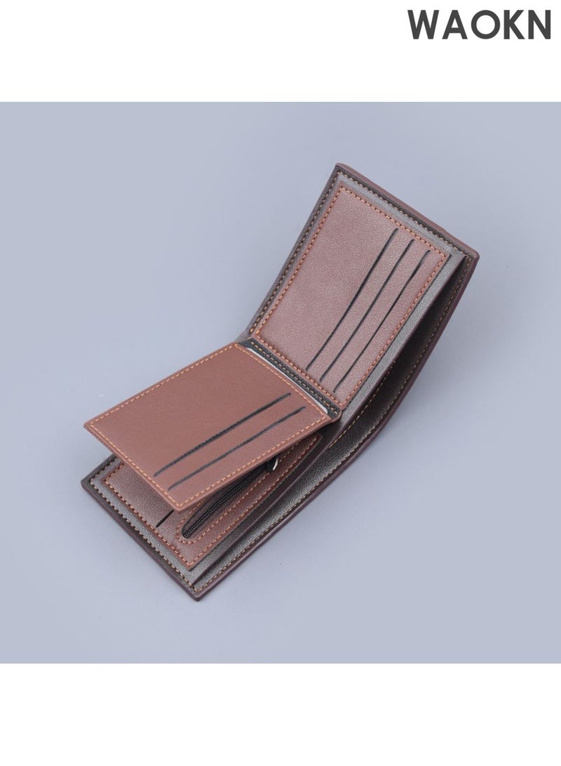 WAOKN Men's wallet short splicing wallet, with zipper and three fold men's wallet, multi card men's wallet, large capacity portable wallet, horizontal color blocked wallet, designed simple and fashionable retro wallet. - Image 5