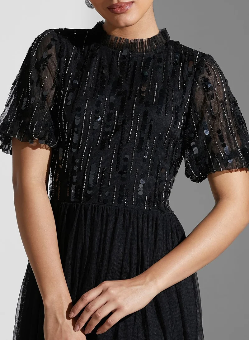 Amelia Rose Puff Sleeve Sequin Detail Dress