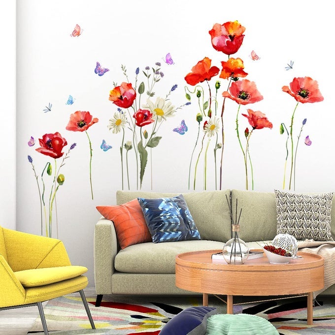 WATERCOLOR WALL STICKERS RED FLOWER DECAL REMOVABLE WATERPROOF WALL ART DECOR FOR BEDROOM LIVING ROOM OFFICES HOME DECORATION