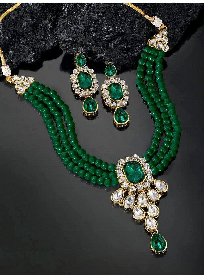 بيورا طقم مجوهرات من قلادة كوندان مطلية بالذهب من بيورا مع أقراط متدلية للبنات والنساء (أخضر) - Image 2