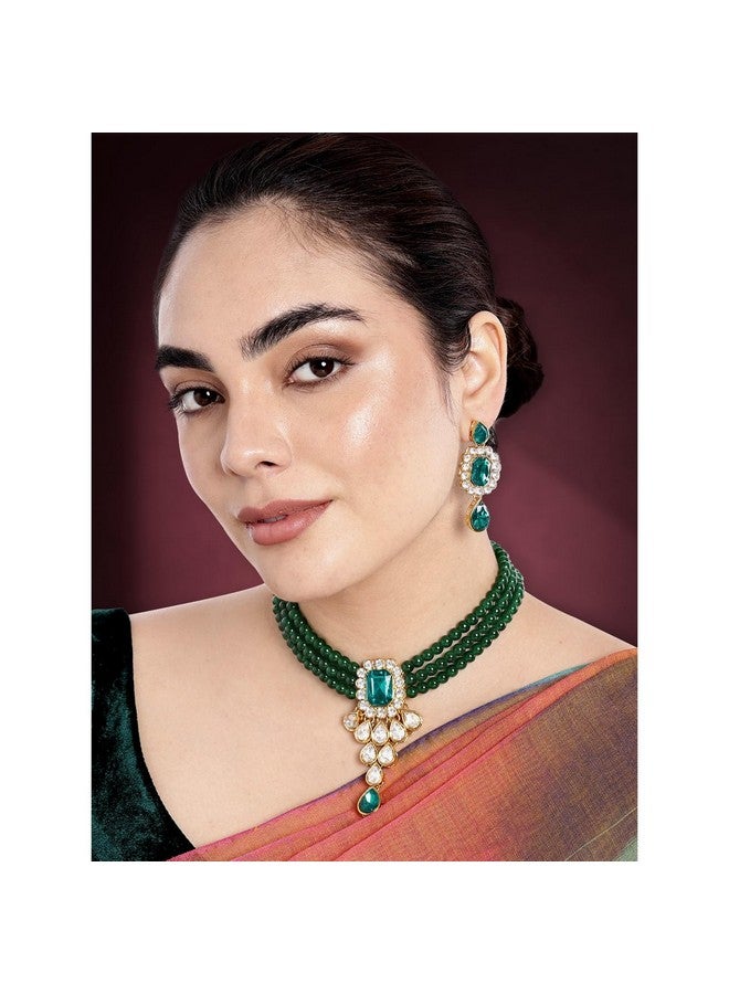 بيورا طقم مجوهرات من قلادة كوندان مطلية بالذهب من بيورا مع أقراط متدلية للبنات والنساء (أخضر) - Image 3