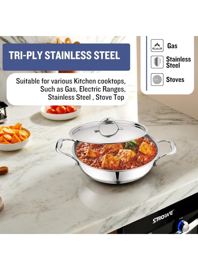 Prabha Tri-Ply Kadai Stainless Steel | Cookware Kadai with Lid 8.5 L, 40CM | Kadai Deep Frying | Prima Flat Bottom, Food-Grade | Kadai for Cooking Induction Base & Gas Stove with 2 Year Warranty - Image 3