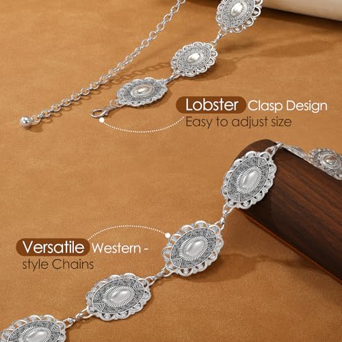 VONMELLI Western Belts for Woman Cowgirl Boho Concho Chain Waist Belt for Country Concert Dresses Jeans Silver-Shiny S - Image 2