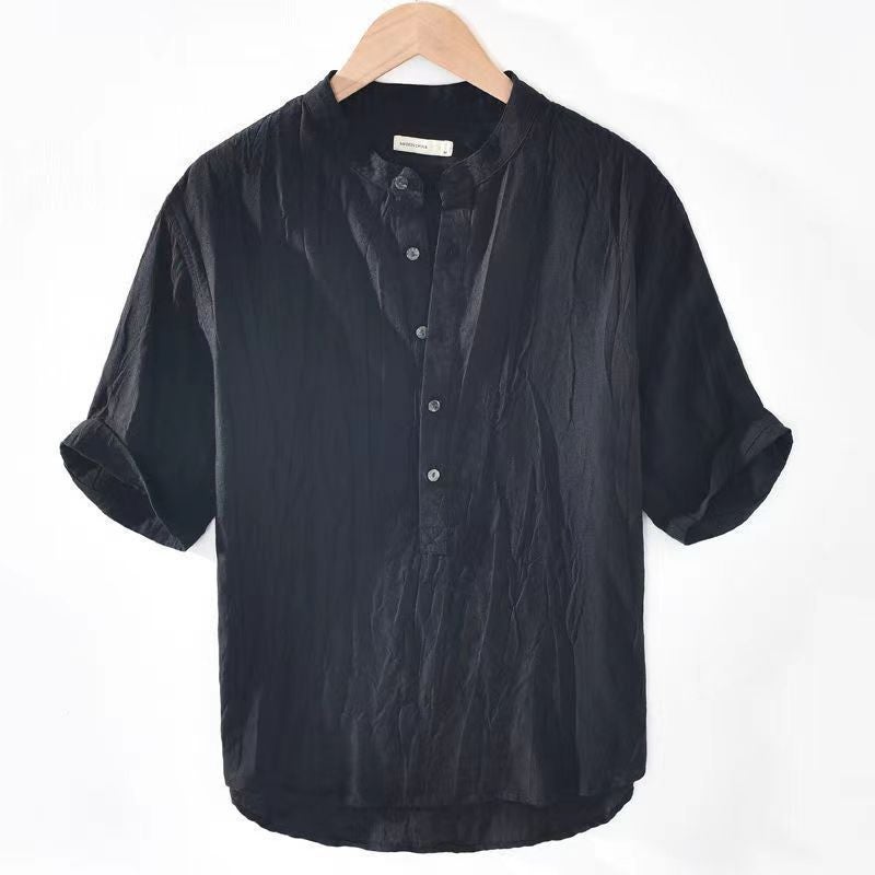 Pure Linen Short-Sleeved T-Shirt Men'S Summer Chinese-Style Loose Thin V-Neck Top Retro Casual Half-Sleeved Linen T-Shirt - Image 1
