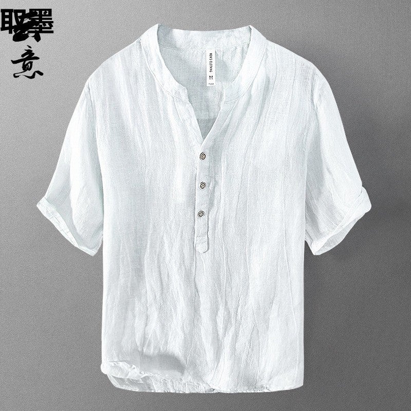 Pure Linen Short-Sleeved T-Shirt Men'S Summer Chinese-Style Loose Thin V-Neck Top Retro Casual Half-Sleeved Linen T-Shirt - Image 4