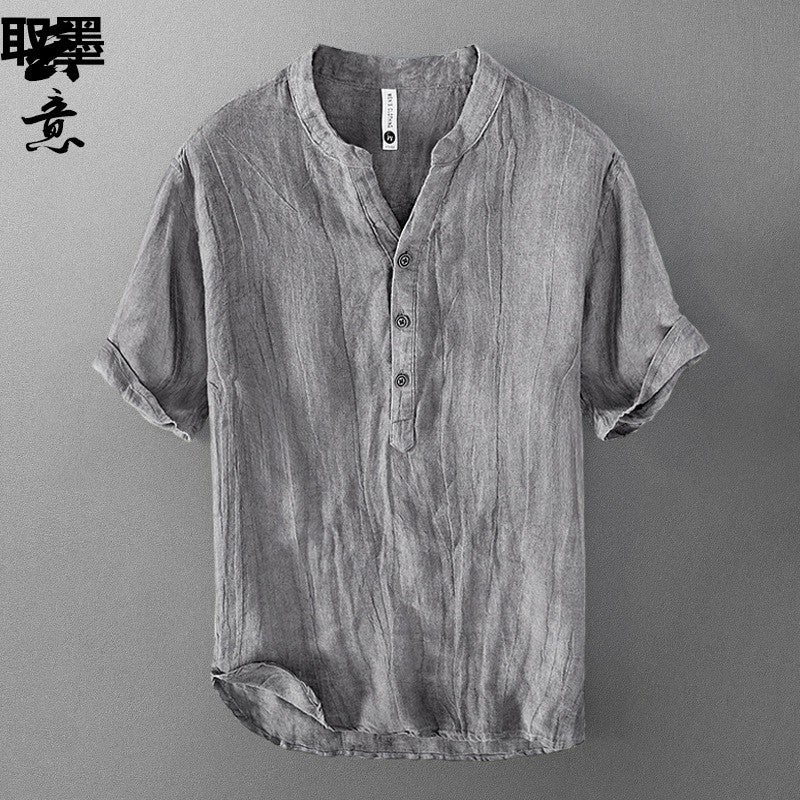 Pure Linen Short-Sleeved T-Shirt Men'S Summer Chinese-Style Loose Thin V-Neck Top Retro Casual Half-Sleeved Linen T-Shirt - Image 2