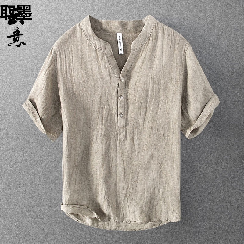 Pure Linen Short-Sleeved T-Shirt Men'S Summer Chinese-Style Loose Thin V-Neck Top Retro Casual Half-Sleeved Linen T-Shirt - Image 3