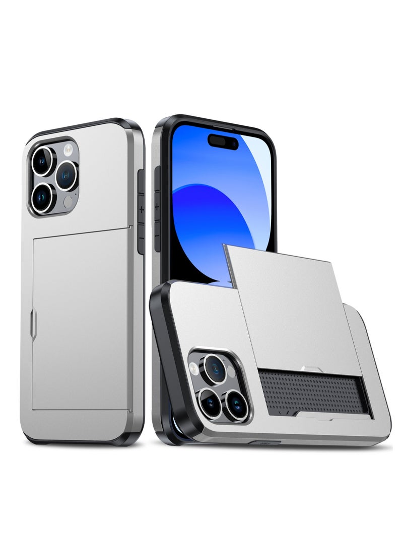 GULFLINK iPhone 15 Pro Case with Card Holder Heavy Duty Protective Dual Layer Shockproof Hidden Card Slot Wallet Case Silver - Image 1