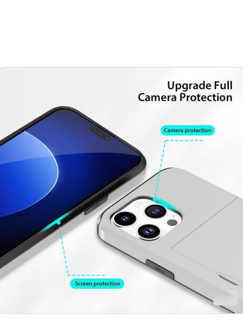 GULFLINK iPhone 15 Pro Case with Card Holder Heavy Duty Protective Dual Layer Shockproof Hidden Card Slot Wallet Case Silver - Image 2