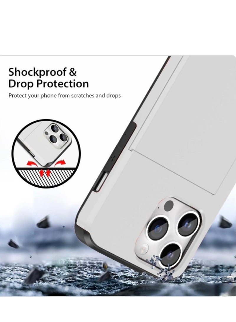 GULFLINK iPhone 15 Pro Case with Card Holder Heavy Duty Protective Dual Layer Shockproof Hidden Card Slot Wallet Case Silver - Image 5