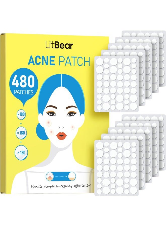 LitBear Pimple Patch Bulk, 480 Patches 3 Size Acne Patches for Face, Hydrocolloid Spot Stickers for Covering Zits, Blemishes, and Breakouts, Suitable for All Skin Types - Image 1