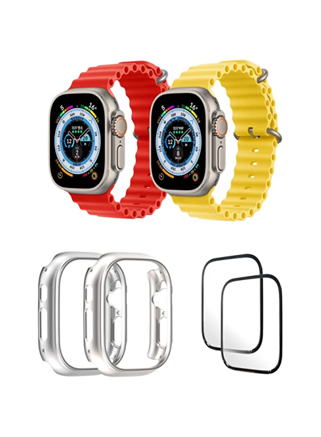 IAF Silicone Ocean Band Strap for Apple Watch Ultra 8 49mm Red/Yellow , Case Compatible with Apple Watch Ultra 49mm Silver/Transparent , 2* pcs Watch glass Set of 6