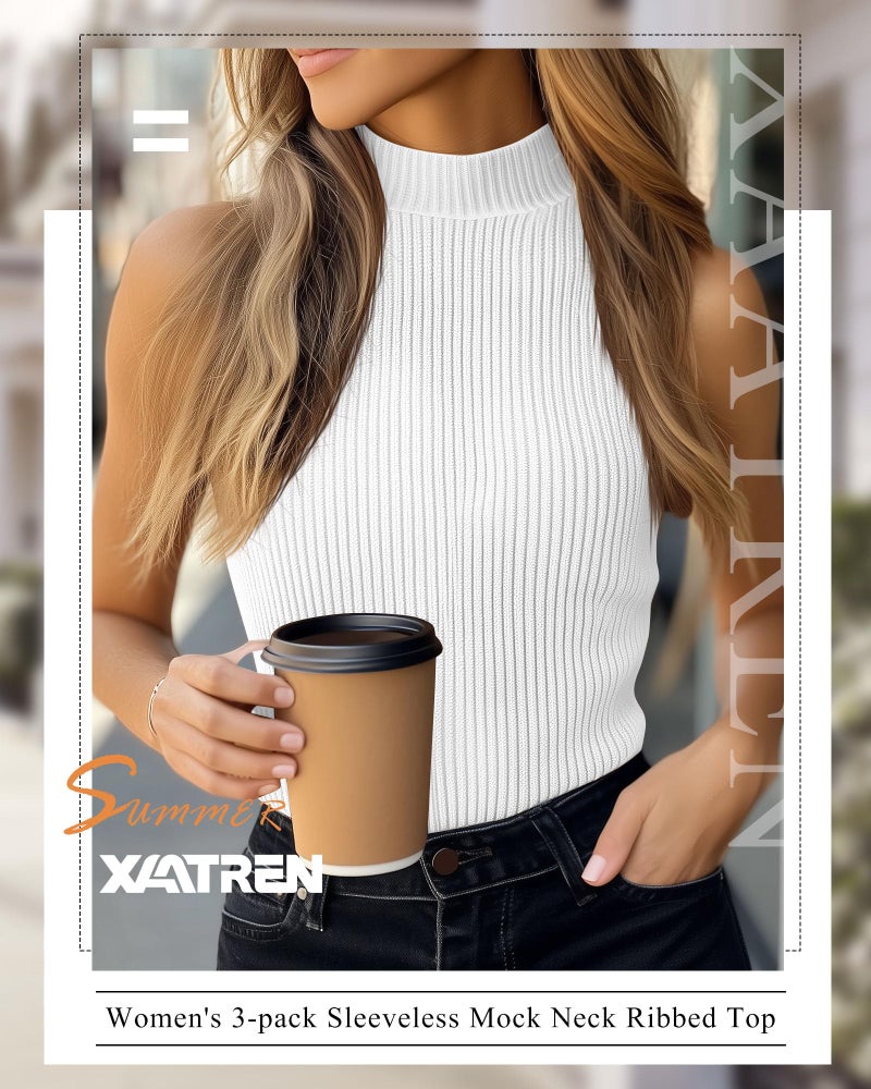 Xaatren 3 Pack Women's Sleeveless Mock Turtlenecks Shirts, Ribbed Stretch Slim Fitted Tank Top Basic Lightweight Bustier Tee(White, Black, Brown,Small) - Image 5