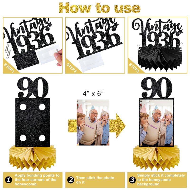 Eucutur 8Pcs 90th Birthday Decorations Honeycomb Centerpieces for Women Men, Black Gold Vintage 1936 90th Bday Photo Table Centerpieces Party Supplies, Glitter Cheers to 90 Year Old Bday Table Topper - Image 5