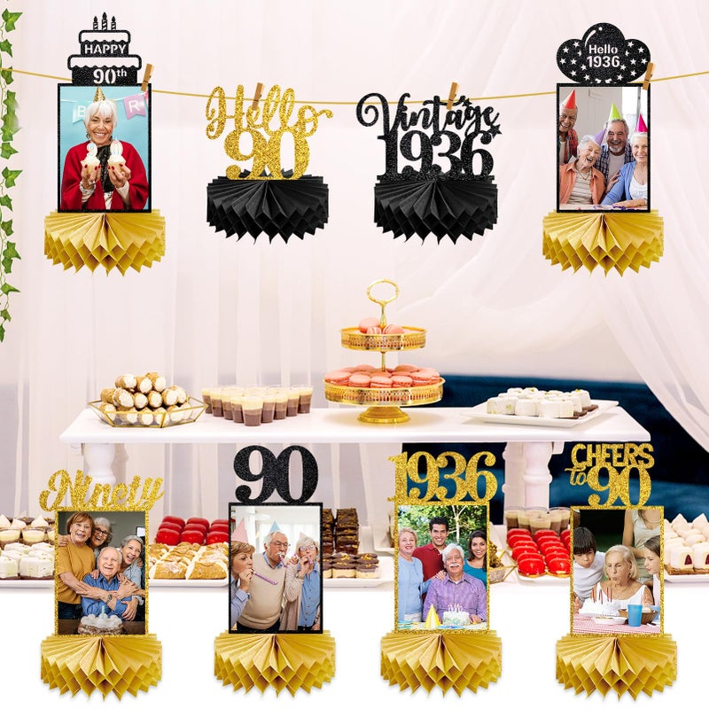 Eucutur 8Pcs 90th Birthday Decorations Honeycomb Centerpieces for Women Men, Black Gold Vintage 1936 90th Bday Photo Table Centerpieces Party Supplies, Glitter Cheers to 90 Year Old Bday Table Topper - Image 3