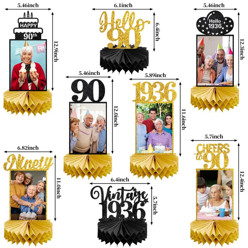 Eucutur 8Pcs 90th Birthday Decorations Honeycomb Centerpieces for Women Men, Black Gold Vintage 1936 90th Bday Photo Table Centerpieces Party Supplies, Glitter Cheers to 90 Year Old Bday Table Topper - Image 2