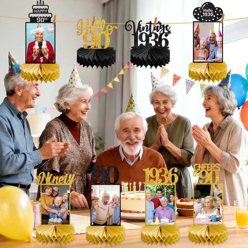 Eucutur 8Pcs 90th Birthday Decorations Honeycomb Centerpieces for Women Men, Black Gold Vintage 1936 90th Bday Photo Table Centerpieces Party Supplies, Glitter Cheers to 90 Year Old Bday Table Topper - Image 4