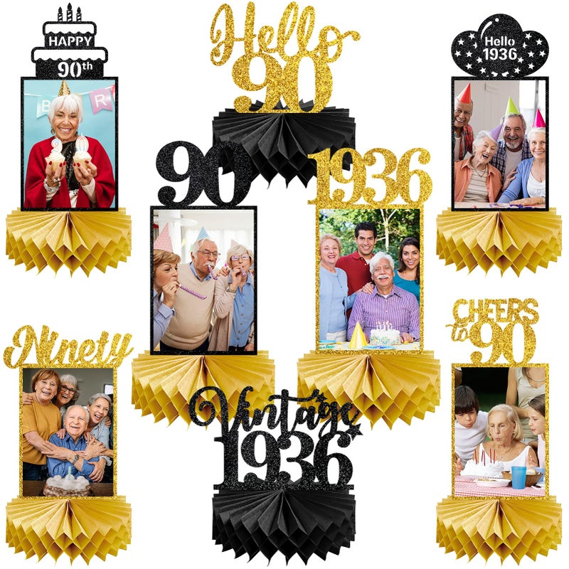Eucutur 8Pcs 90th Birthday Decorations Honeycomb Centerpieces for Women Men, Black Gold Vintage 1936 90th Bday Photo Table Centerpieces Party Supplies, Glitter Cheers to 90 Year Old Bday Table Topper - Image 1
