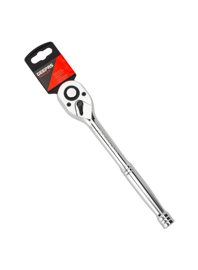Geepas Toolz 1/2" Ratchet Handle- GT61211/ with Polished-Handle, Chrome Vanadium Construction with Mirror Finish/ 72 Teeth, Ideal for Automotive Repairs, DIY Projects, Maintenance, Mechanical Works, Plumbing, etc./ Silver - Image 1