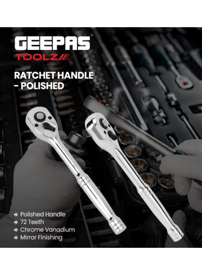 Geepas Toolz 1/2" Ratchet Handle- GT61211/ with Polished-Handle, Chrome Vanadium Construction with Mirror Finish/ 72 Teeth, Ideal for Automotive Repairs, DIY Projects, Maintenance, Mechanical Works, Plumbing, etc./ Silver - Image 3