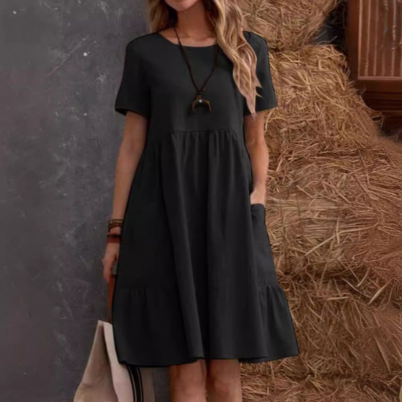 فستان قطني وكتان بقصة فضفاضة بياقة دائرية - Image 4