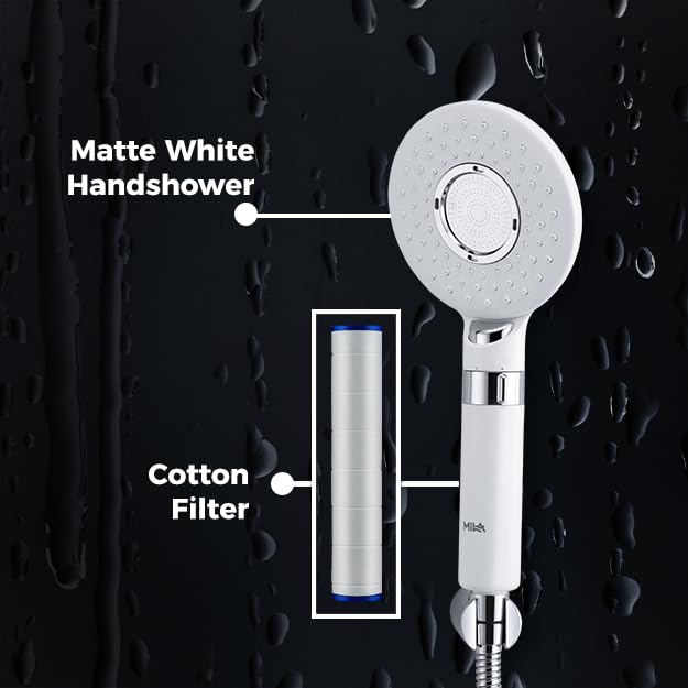 Mila India MILA Blanc Hand Shower MBHC0204WT Matt White Hand Shower Multi Function 3 Function Filter Shower RainCenter WaterSlow Stop Water 120 260mm Hose 15 metres - Image 2