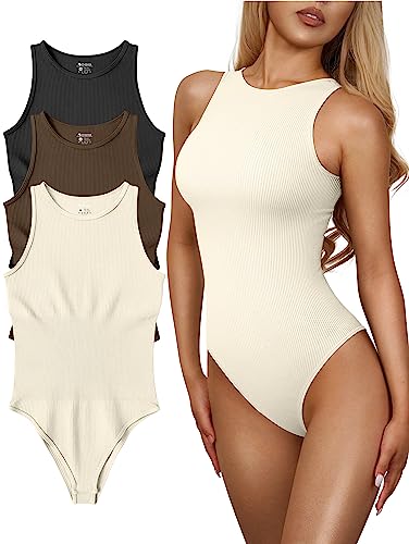 OQQ Women's 3 Piece Bodysuits Sexy Ribbed One Piece Sleeveless Halter Neck Tops Leotard Summer Trendy Black Coffee Beige - Image 1